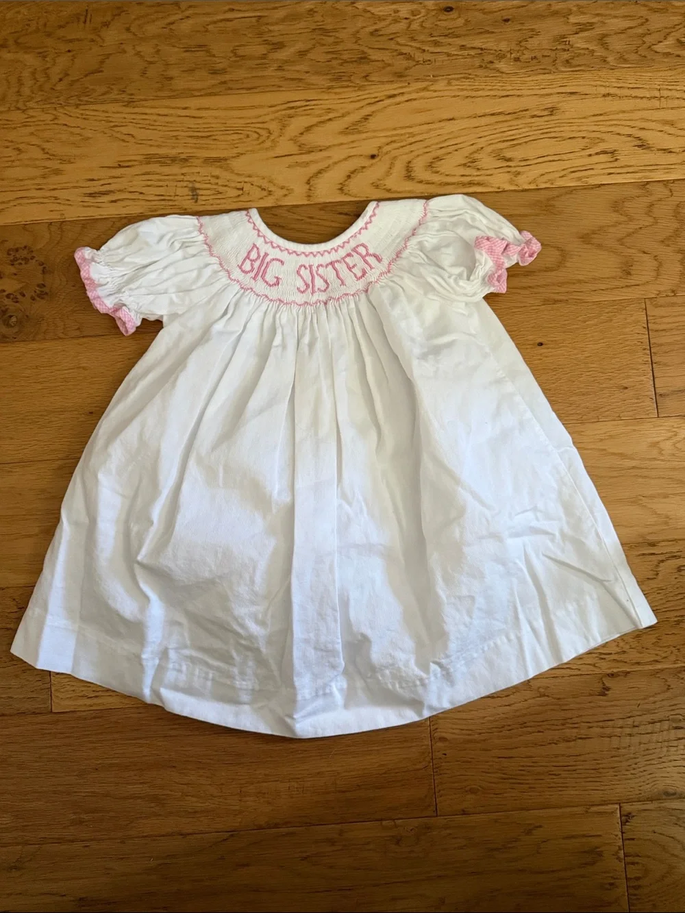 18M -Southern Sunshine “BIG SISTER” Smocked Little Girl Dress & Pink Trim VTG90s